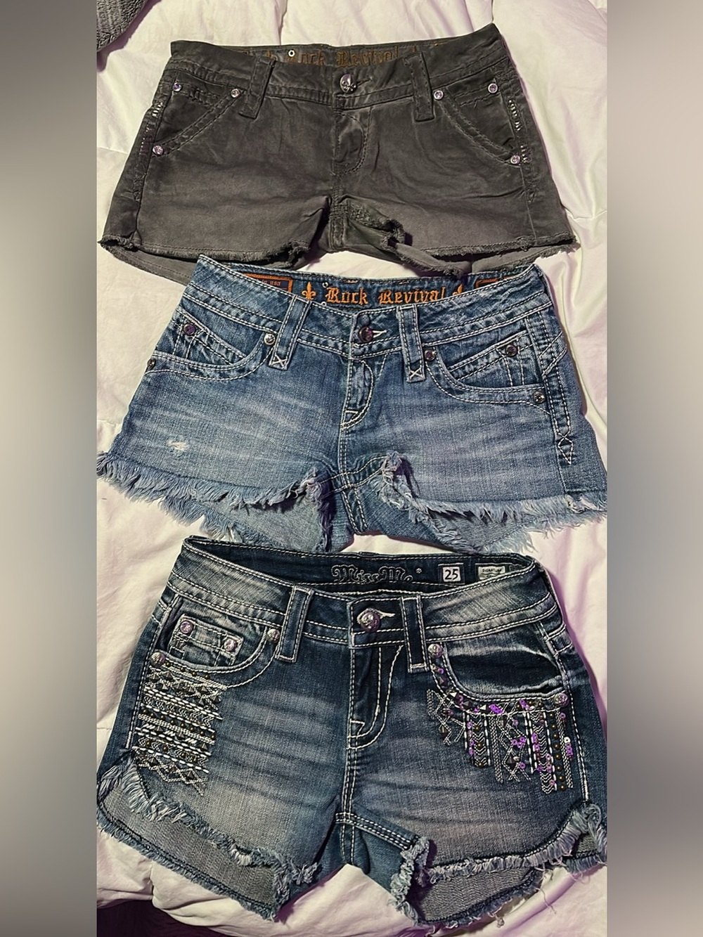 Rock Revival & Miss Me Grey and Blue Distressed Denim Shorts